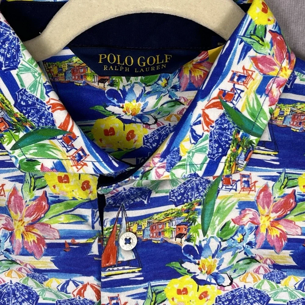 Polo Golf Ralph Lauren Hawaiian Shirt  Sz Medium All Over‎ Sailboat Amalfi Coast